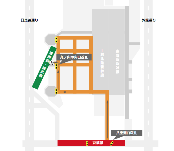 東京駅乗り換えマップ（JR京葉線から横須賀線・総武線への経路）